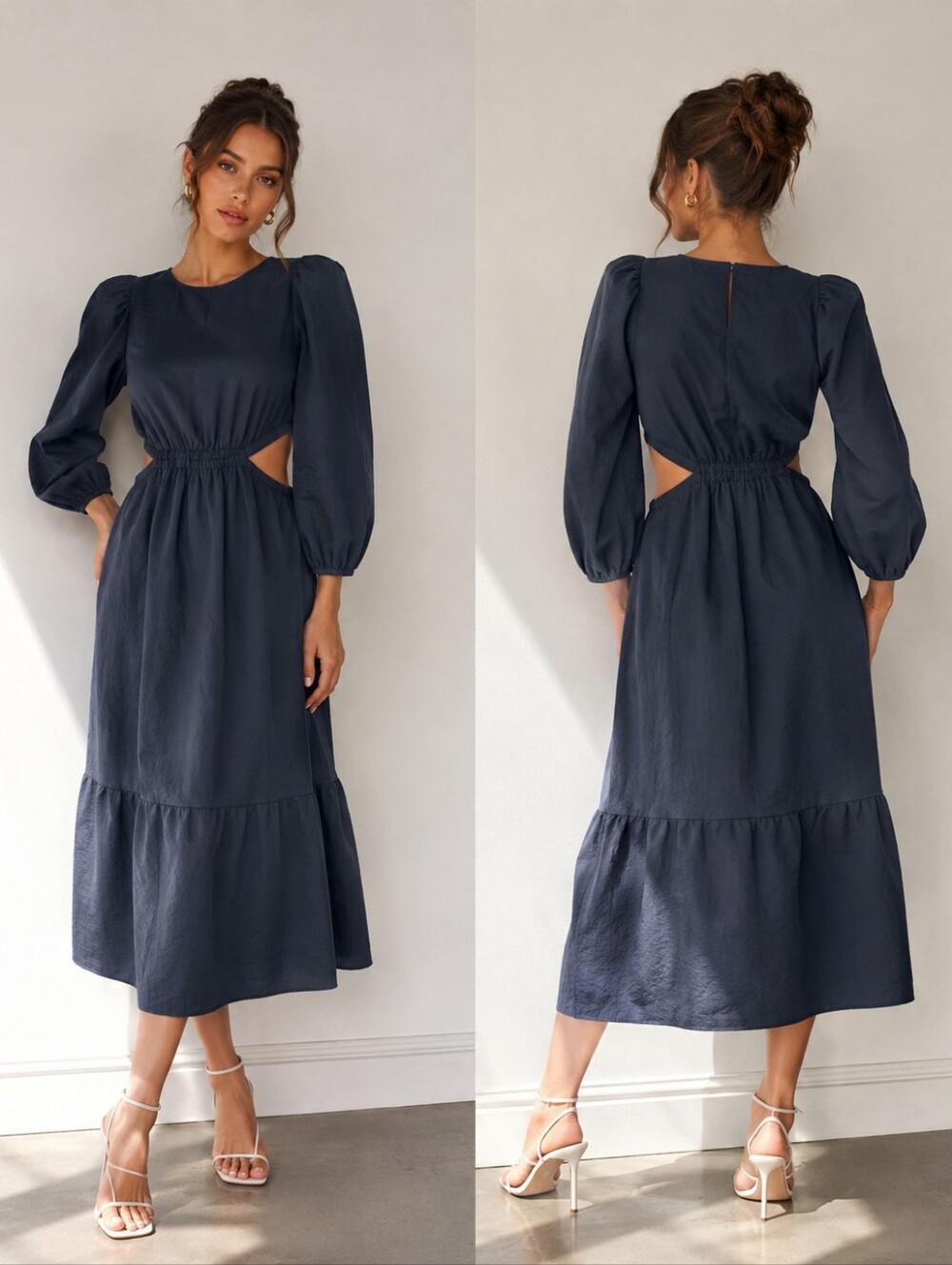 Ingrid & Isabel Side Cutout Puff Sleeve Midi Dress • Ink Blue • XS